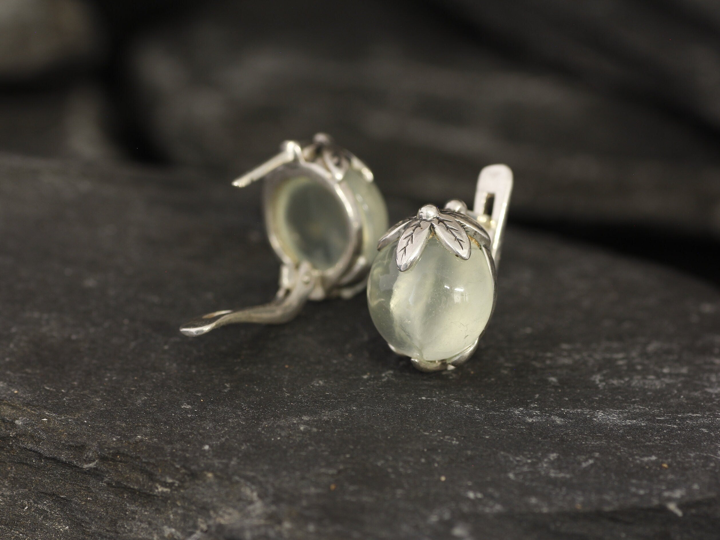 Prehnite Earrings, Natural Prehnite, May Birthstone, Green Leaf Earrings, Flower Earrings, Art Nouveau Earrings, Silver Earrings, May Studs