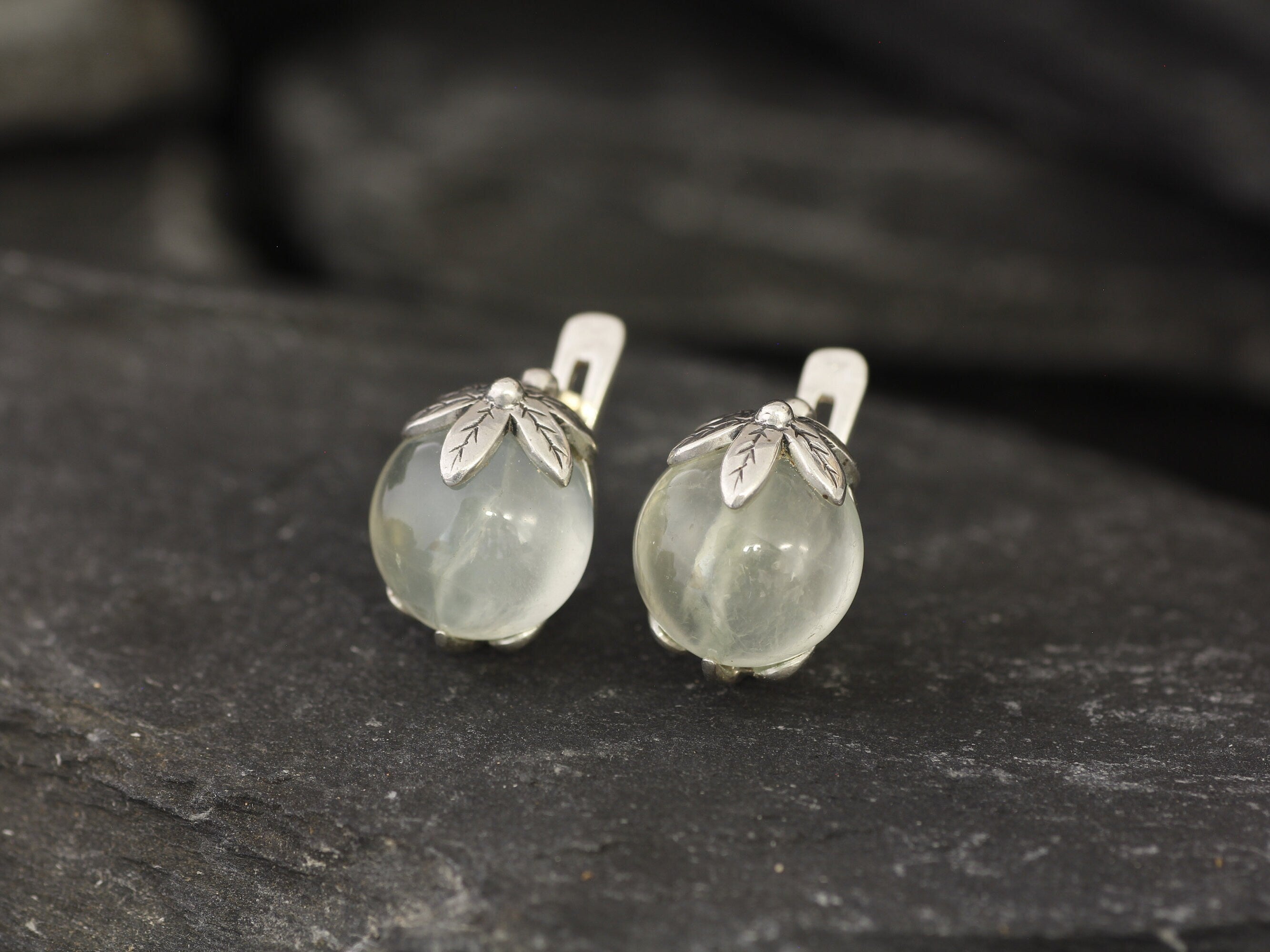 Prehnite Earrings, Natural Prehnite, May Birthstone, Green Leaf Earrings, Flower Earrings, Art Nouveau Earrings, Silver Earrings, May Studs