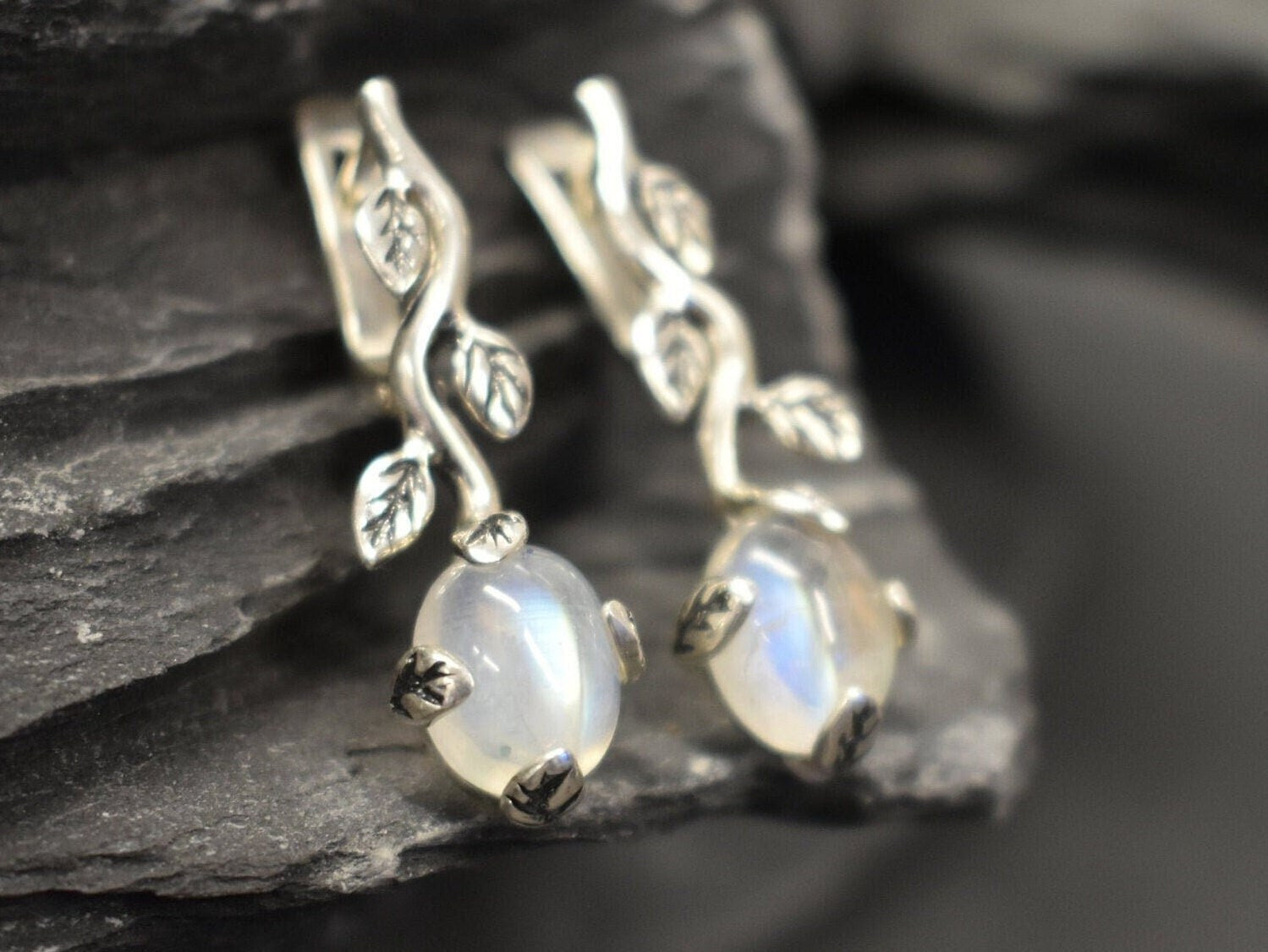 Moonstone Earrings, Rainbow Moonstone Earrings, Vintage Earrings, Long Leaf Earrings, Flower Earrings, Dainty Earrings,Solid Silver Earrings