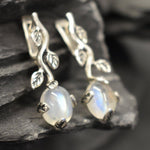 Moonstone Earrings, Rainbow Moonstone Earrings, Vintage Earrings, Long Leaf Earrings, Flower Earrings, Dainty Earrings,Solid Silver Earrings