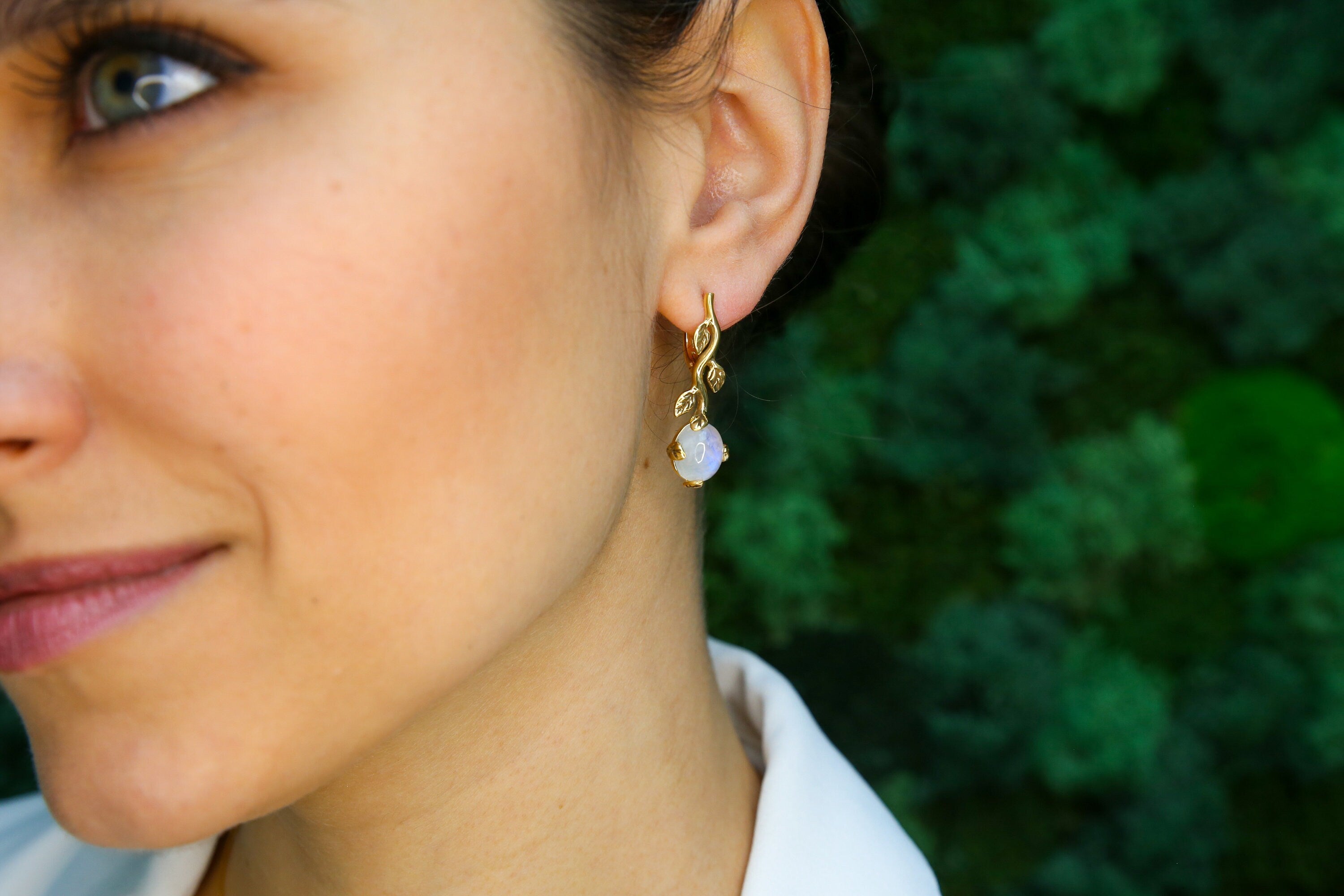 Moonstone Earrings, Rainbow Moonstone Earrings, Vintage Earrings, Long Leaf Earrings, Flower Earrings, Dainty Earrings,Solid Silver Earrings(1)