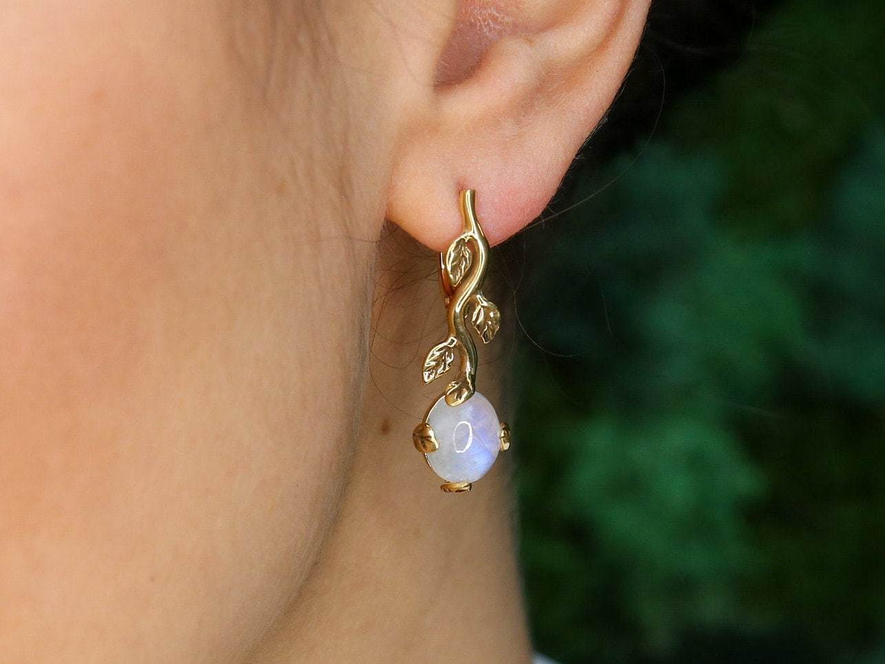 Moonstone Earrings, Rainbow Moonstone Earrings, Vintage Earrings, Long Leaf Earrings, Flower Earrings, Dainty Earrings,Solid Silver Earrings(1)