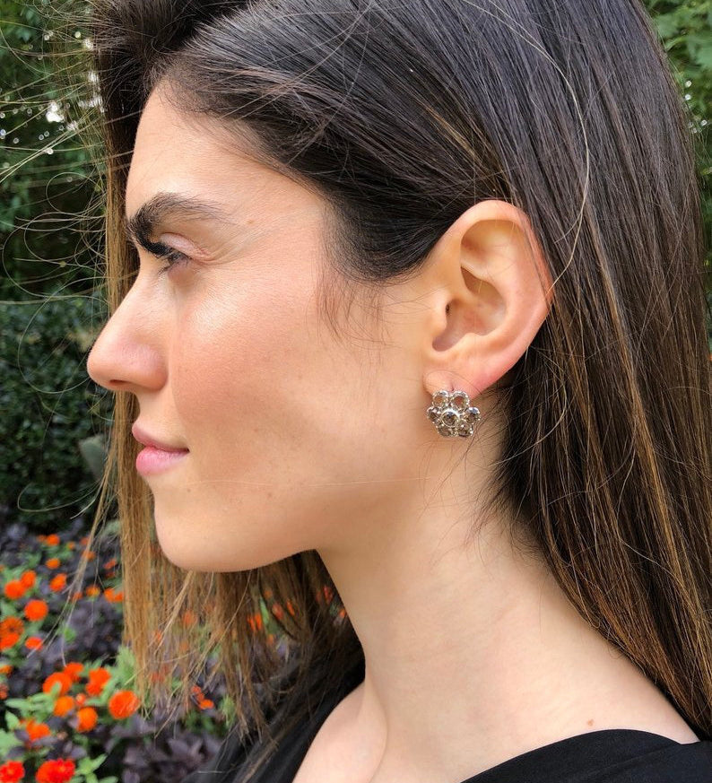 Flower Earrings, Garnet Earrings, Large Stud Earrings, January Birthstone, Vintage Earrings, Flower Studs, Heavy Studs, 925 Silver Earrings