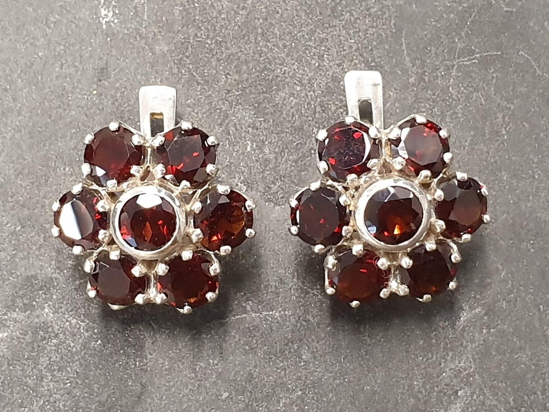 Flower Earrings, Garnet Earrings, Large Stud Earrings, January Birthstone, Vintage Earrings, Flower Studs, Heavy Studs, 925 Silver Earrings