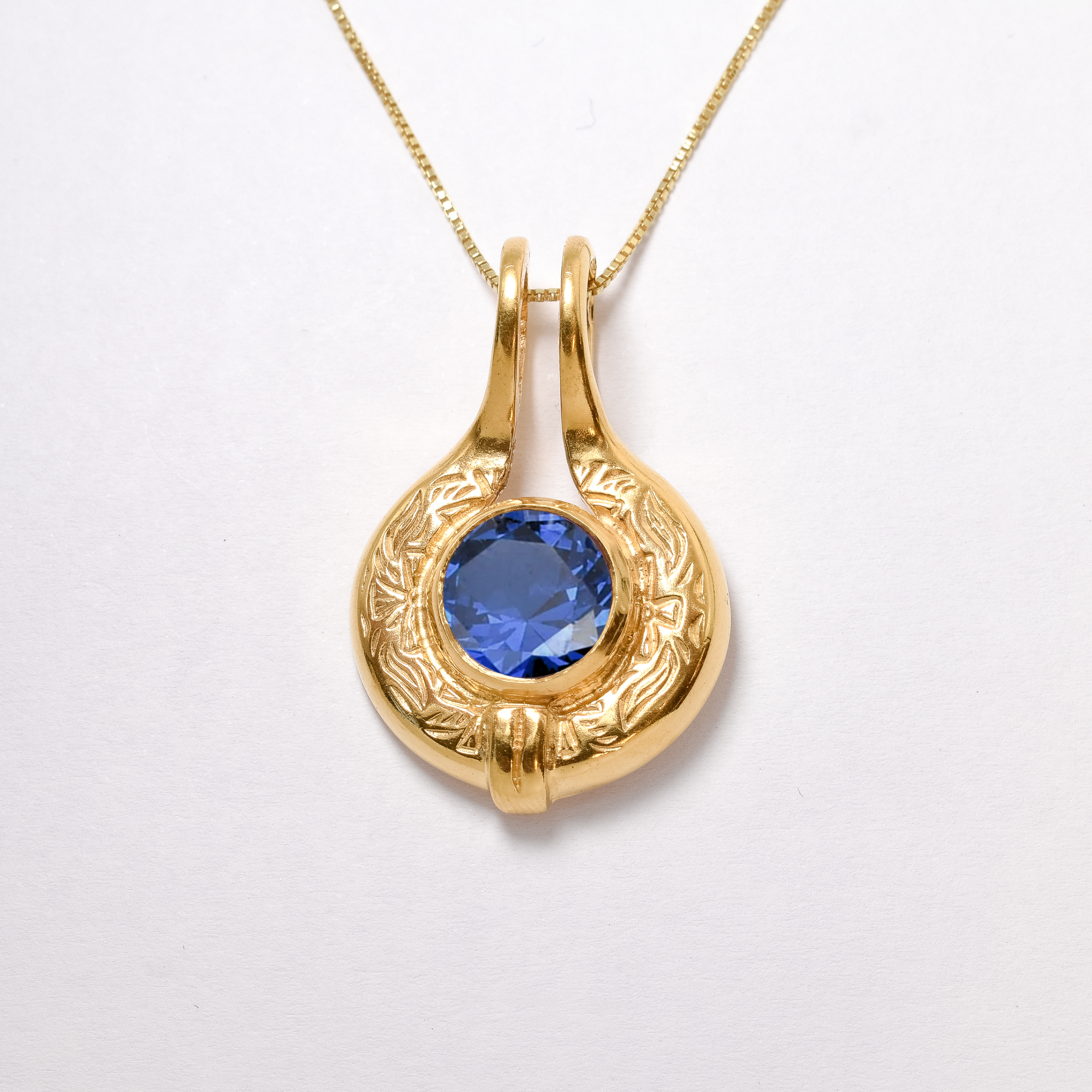 Created Sapphire Pendant made in 18k Gold Vermeil with Round Created Blue Sapphire in Bezel setting, September Birthstone gift idea, symbolizes sincerity, truth, and faithfulness, ideal for everyday wear and perfect for birthday gifting and special occasions.