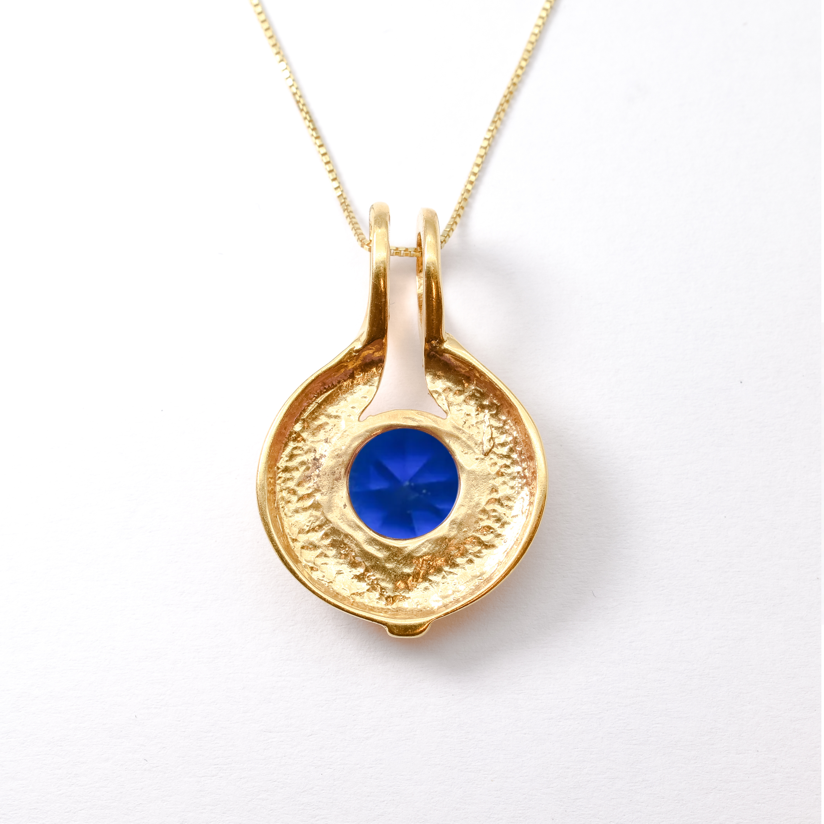 Stylish 18k Gold Vermeil Pendant with Round Created Blue Sapphire, a timeless gift representing sincerity and faithfulness.