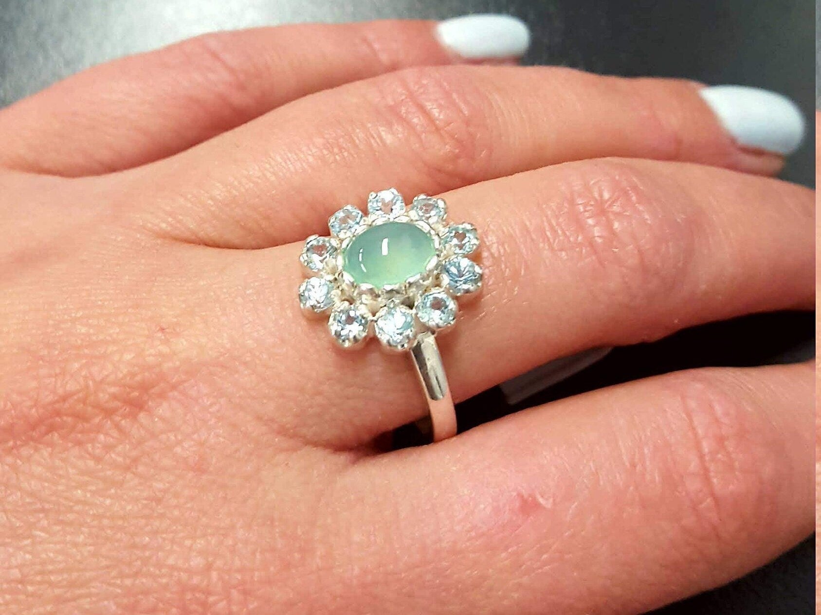 Flower Ring, Chrysoprase Ring, Vintage Ring, Birthstone Ring, Pale Ring, Dainty Ring, Engagement Ring, Sterling Silver Ring, Blue Topaz Halo