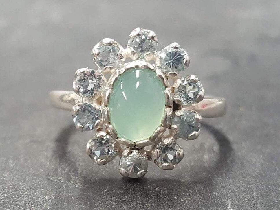 Flower Ring, Chrysoprase Ring, Vintage Ring, Birthstone Ring, Pale Ring, Dainty Ring, Engagement Ring, Sterling Silver Ring, Blue Topaz Halo