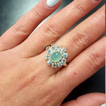 Flower Ring, Chrysoprase Ring, Vintage Ring, Birthstone Ring, Pale Ring, Dainty Ring, Engagement Ring, Sterling Silver Ring, Blue Topaz Halo