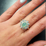 Flower Ring, Chrysoprase Ring, Vintage Ring, Birthstone Ring, Pale Ring, Dainty Ring, Engagement Ring, Sterling Silver Ring, Blue Topaz Halo