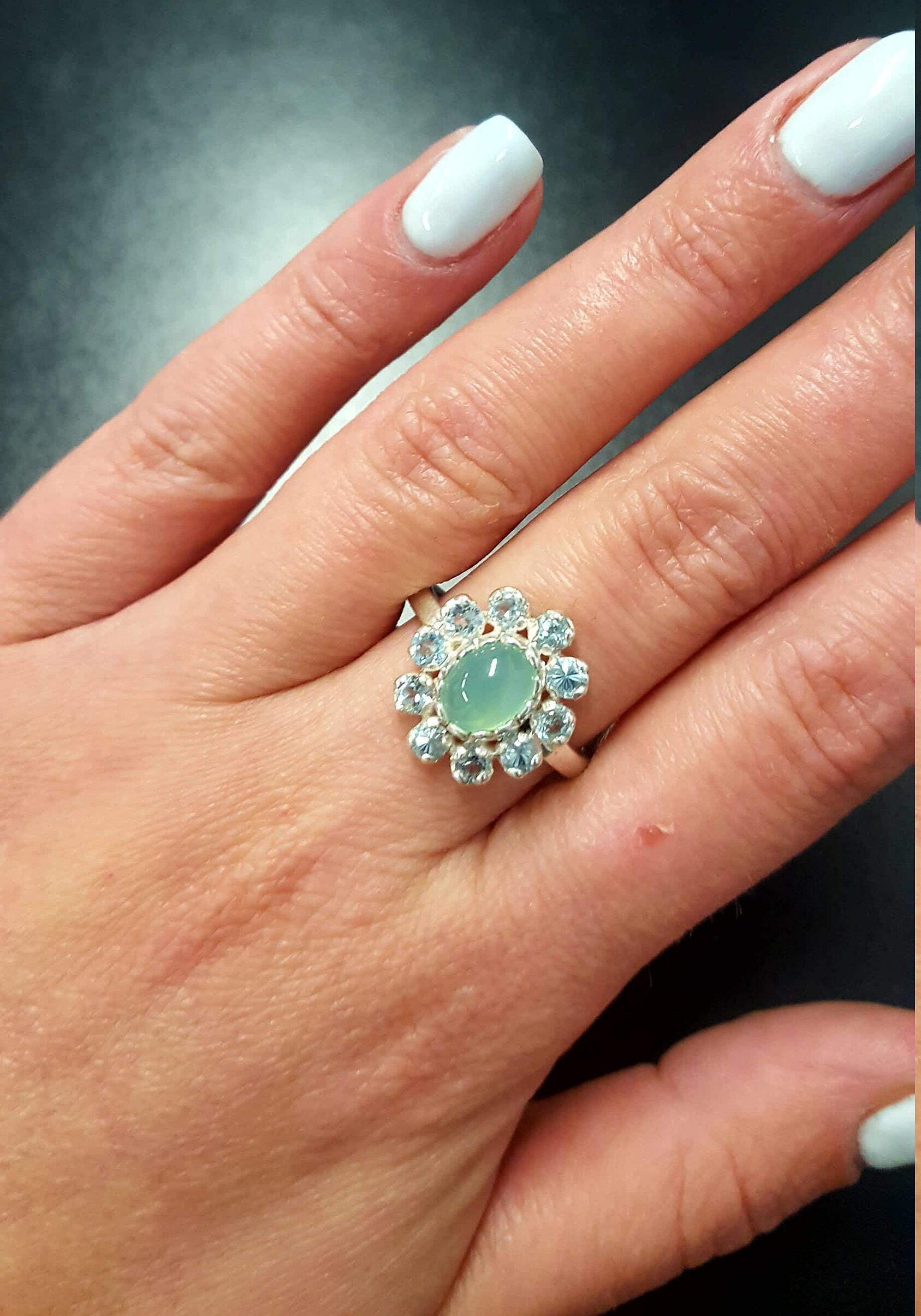 Flower Ring, Chrysoprase Ring, Vintage Ring, Birthstone Ring, Pale Ring, Dainty Ring, Engagement Ring, Sterling Silver Ring, Blue Topaz Halo