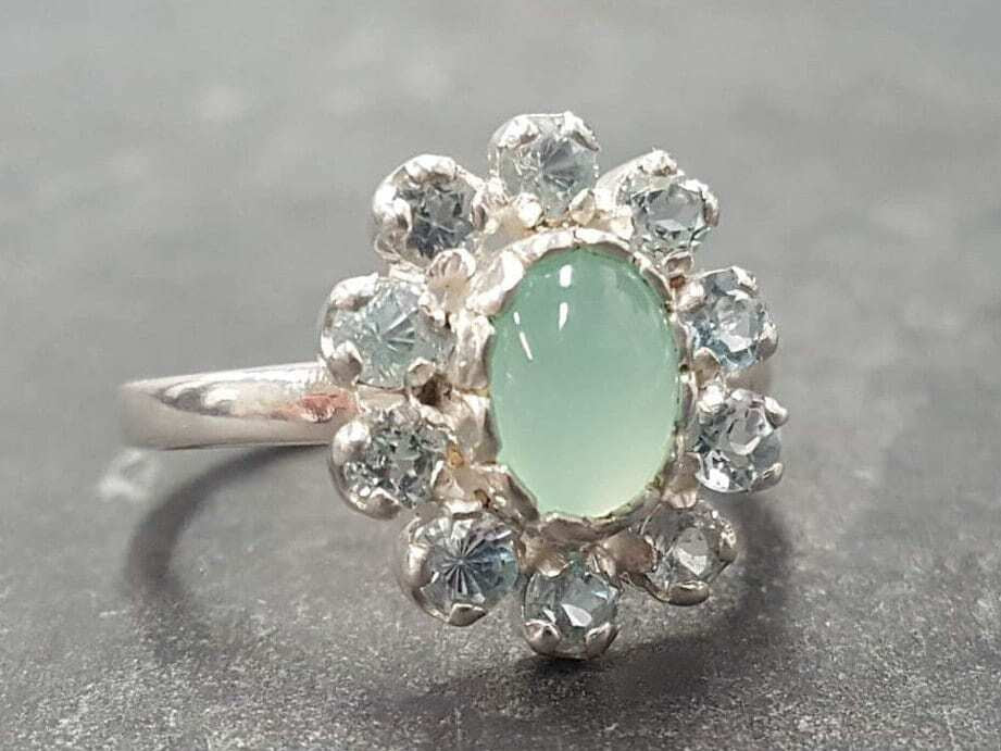 Flower Ring, Chrysoprase Ring, Vintage Ring, Birthstone Ring, Pale Ring, Dainty Ring, Engagement Ring, Sterling Silver Ring, Blue Topaz Halo