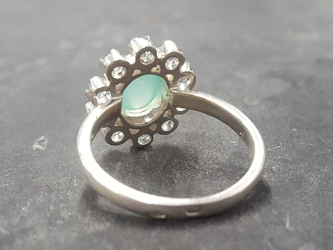 Flower Ring, Chrysoprase Ring, Vintage Ring, Birthstone Ring, Pale Ring, Dainty Ring, Engagement Ring, Sterling Silver Ring, Blue Topaz Halo