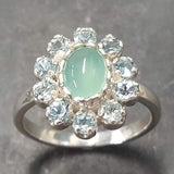 Flower Ring, Chrysoprase Ring, Vintage Ring, Birthstone Ring, Pale Ring, Dainty Ring, Engagement Ring, Sterling Silver Ring, Blue Topaz Halo