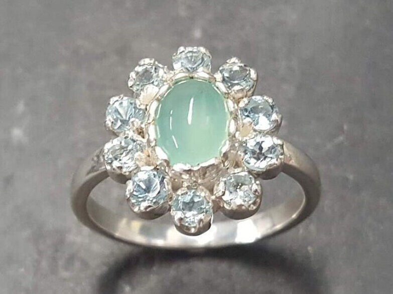 Flower Ring, Chrysoprase Ring, Vintage Ring, Birthstone Ring, Pale Ring, Dainty Ring, Engagement Ring, Sterling Silver Ring, Blue Topaz Halo