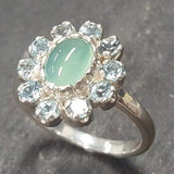 Flower Ring, Chrysoprase Ring, Vintage Ring, Birthstone Ring, Pale Ring, Dainty Ring, Engagement Ring, Sterling Silver Ring, Blue Topaz Halo