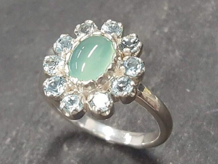 Flower Ring, Chrysoprase Ring, Vintage Ring, Birthstone Ring, Pale Ring, Dainty Ring, Engagement Ring, Sterling Silver Ring, Blue Topaz Halo