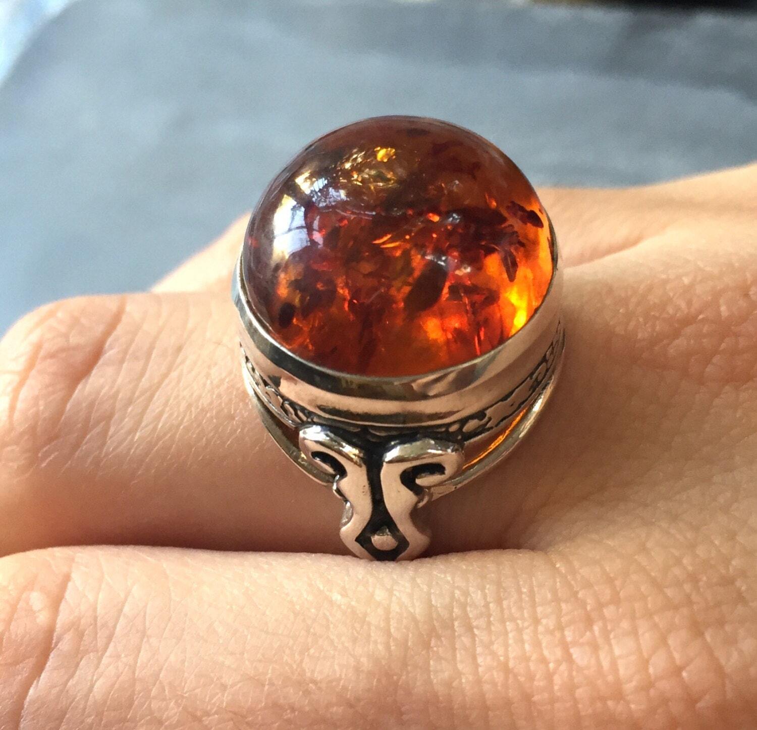Amber Ring, Natural Amber, Vintage Rings, Antique Rings, Taurus Birthstone, Large Amber, Yellow Gemstone, Solid Silver Ring, Pure Silver (480323147)