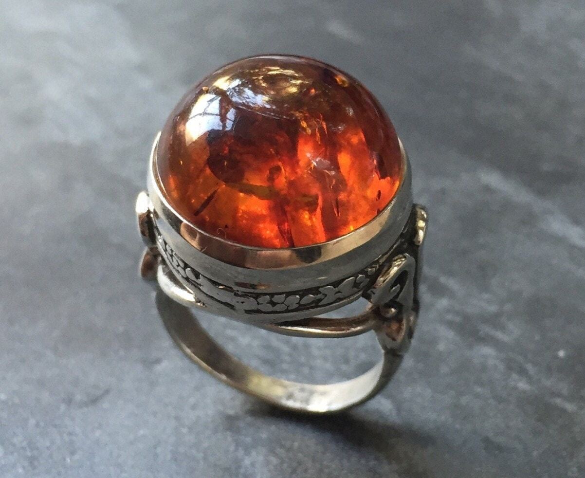 Amber Ring, Natural Amber, Vintage Rings, Antique Rings, Taurus Birthstone, Large Amber, Yellow Gemstone, Solid Silver Ring, Pure Silver (480323147)
