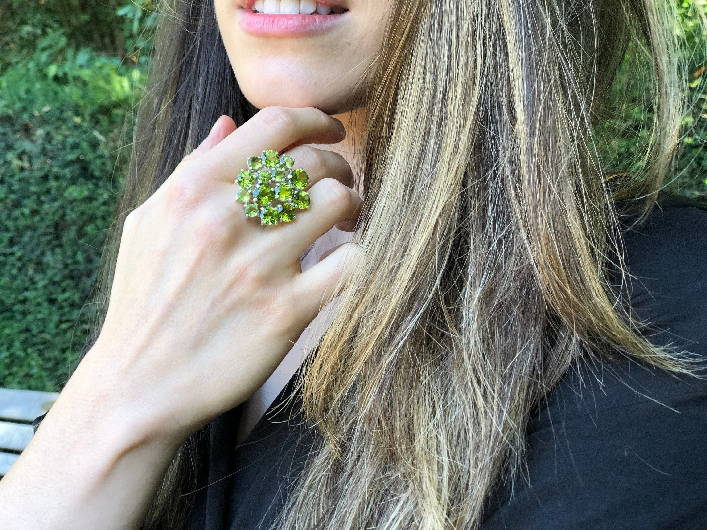 Peridot Ring, Natural Peridot, August Ring, Flower Ring, Statement Ring, Green Ring, August Birthstone, Solid Silver Ring, Peridot