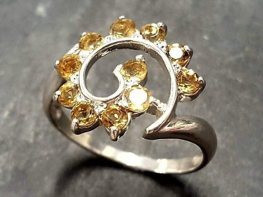 Citrine Ring, Natural Citrine, Swirl Ring, November Birthstone, Vintage Ring, Yellow Diamond Ring, Sun Ring, Flower Ring, Solid Silver Ring