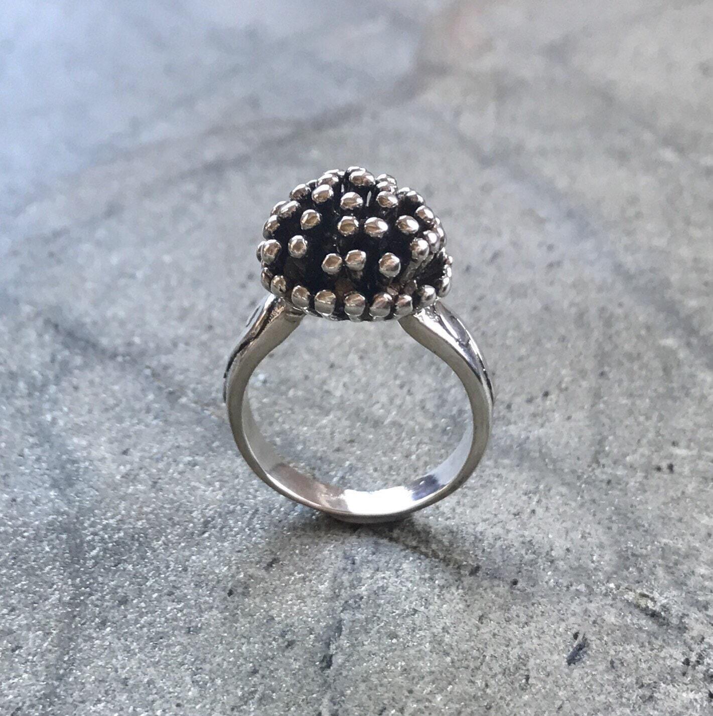 Large Silver Ring, Sterling Silver Ring, Mushroom Ring, Vintage Ring, Hedgehog RIng, Pompon Ring, Statement Ring, Boho Ring, 925 Silver Ring