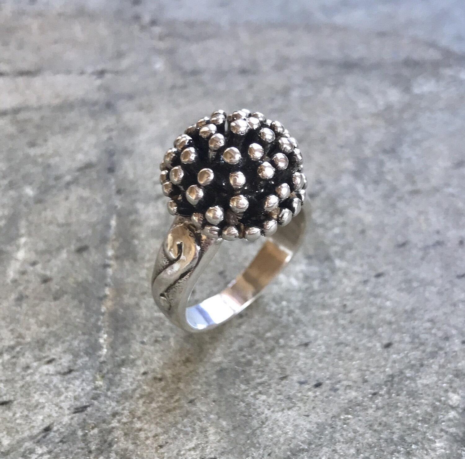 Large Silver Ring, Sterling Silver Ring, Mushroom Ring, Vintage Ring, Hedgehog RIng, Pompon Ring, Statement Ring, Boho Ring, 925 Silver Ring