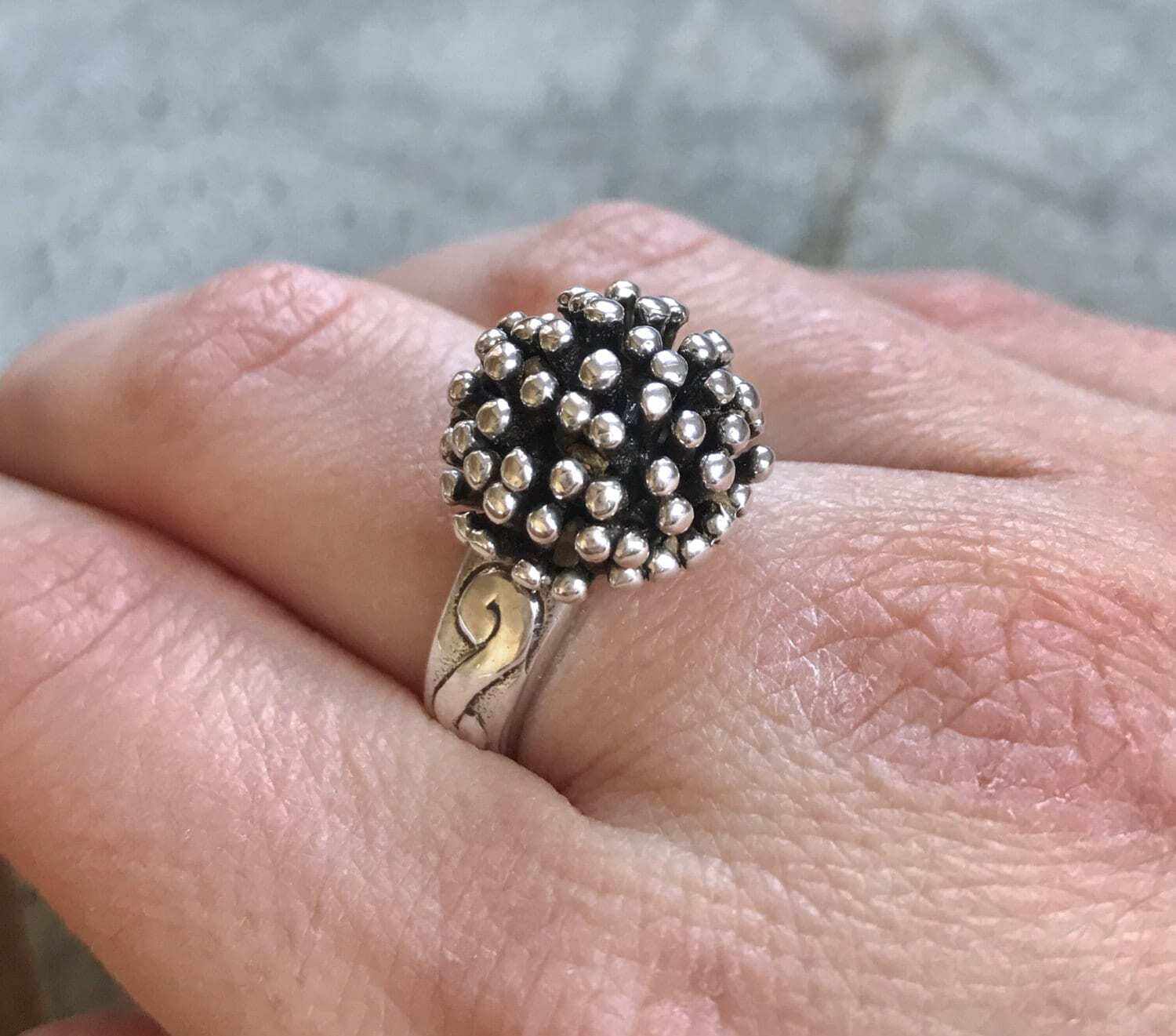 Large Silver Ring, Sterling Silver Ring, Mushroom Ring, Vintage Ring, Hedgehog RIng, Pompon Ring, Statement Ring, Boho Ring, 925 Silver Ring