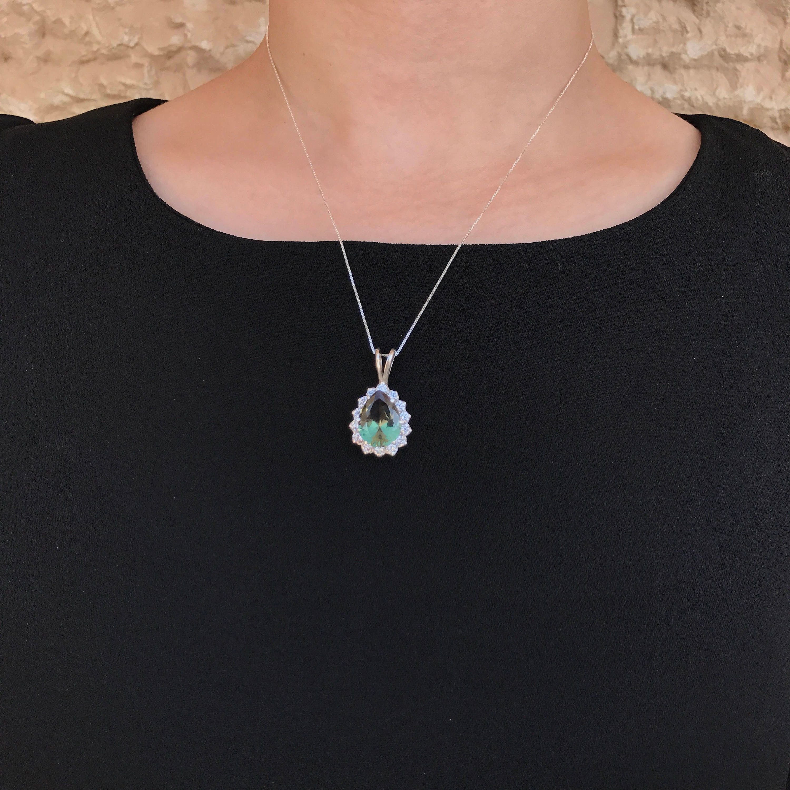 Teardrop Pendant, Green Teardrop, Green Victorian Pendant, Diamond Pendant, Vintage Charm, Vintage Necklace, Created Diamond, Silver Pendant