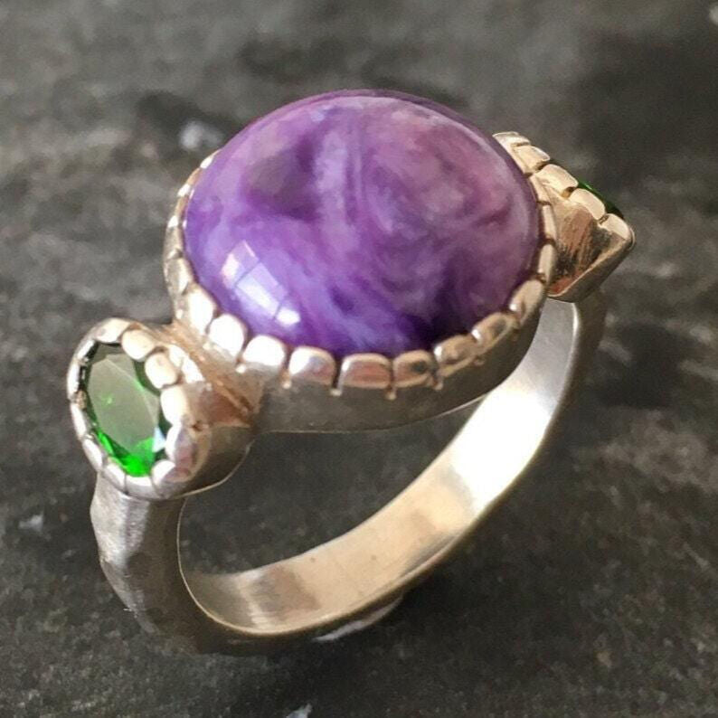 Charoite Ring, Chrome Diopside Ring, Purple Ring, Statement Ring, Unique Ring, Solid Silver Ring, Natural Stones, Charoite, Chrome Diopside
