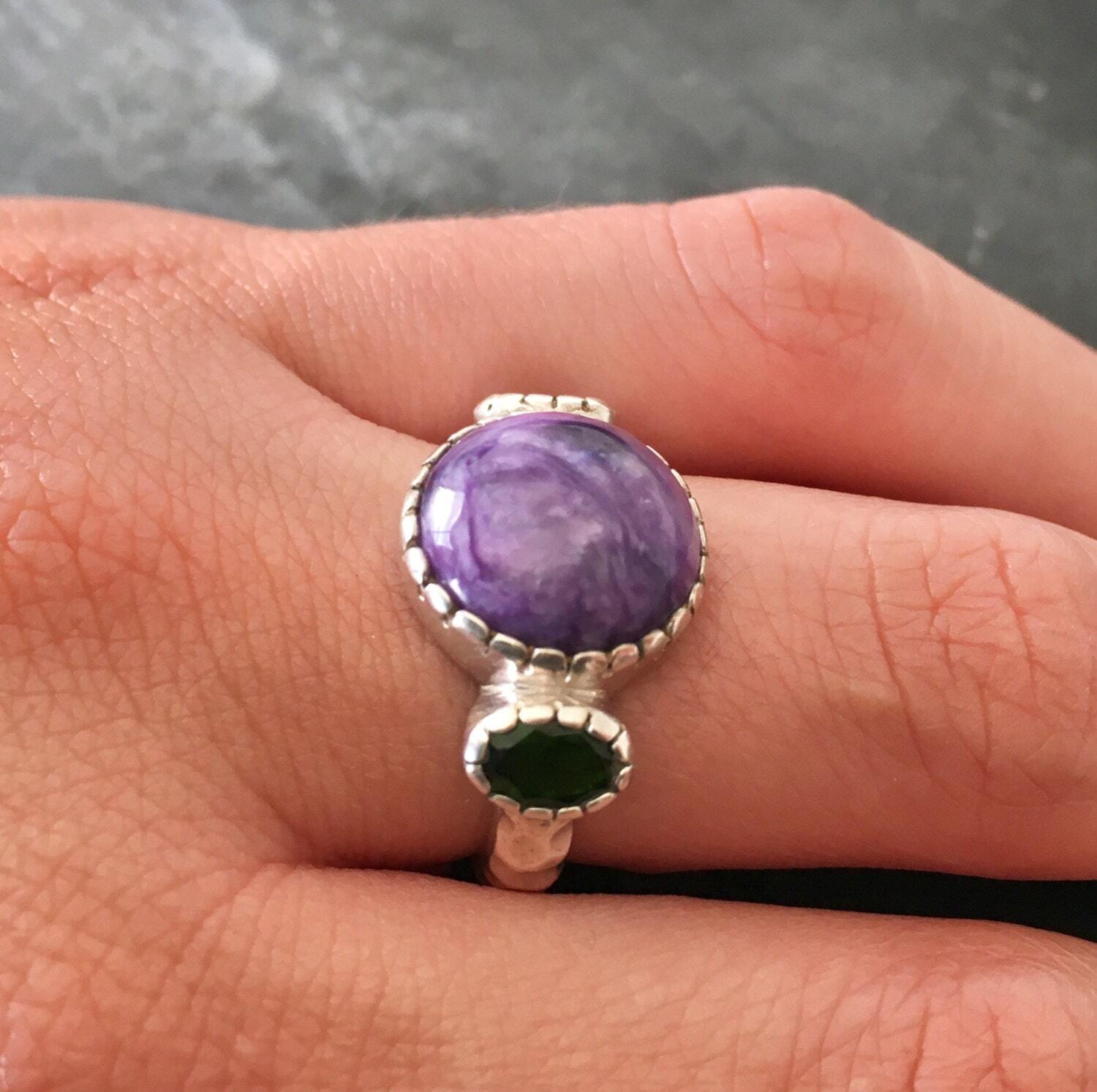 Charoite Ring, Chrome Diopside Ring, Purple Ring, Statement Ring, Unique Ring, Solid Silver Ring, Natural Stones, Charoite, Chrome Diopside