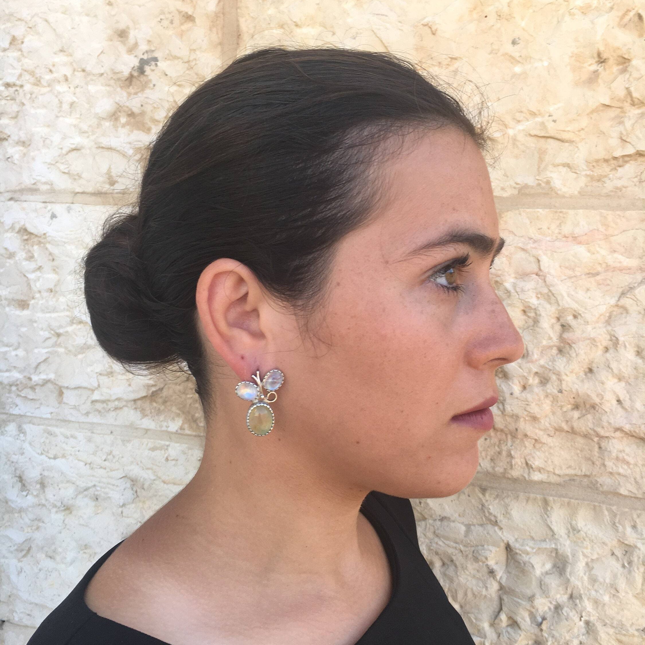 Prehnite Earrings, Vine Earrings, Natural Stones, Rainbow Moonstone, June Birthstone, Leaf Earrings, Healing Stones, May Birthstone, Silver