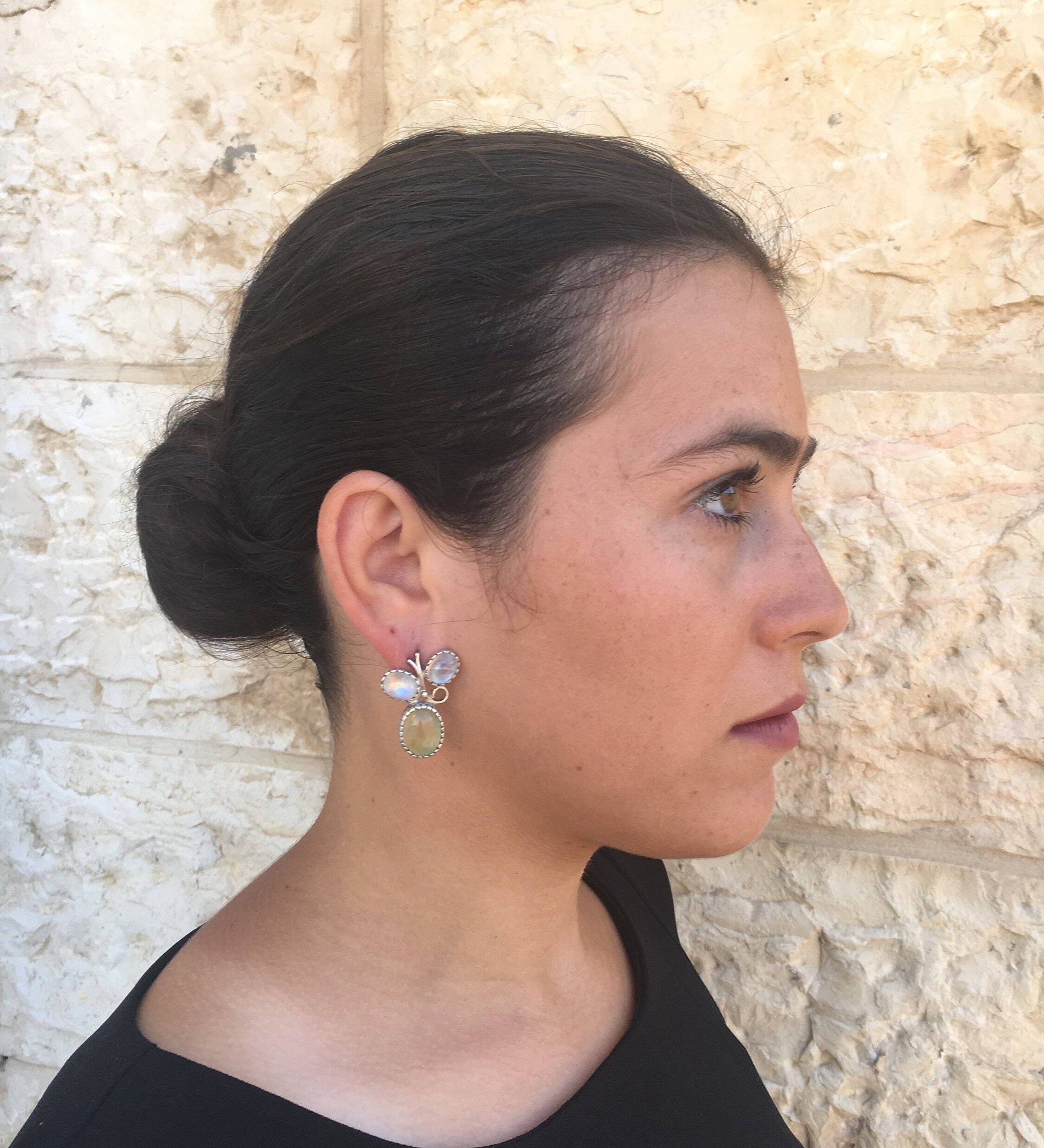 Prehnite Earrings, Vine Earrings, Natural Stones, Rainbow Moonstone, June Birthstone, Leaf Earrings, Healing Stones, May Birthstone, Silver