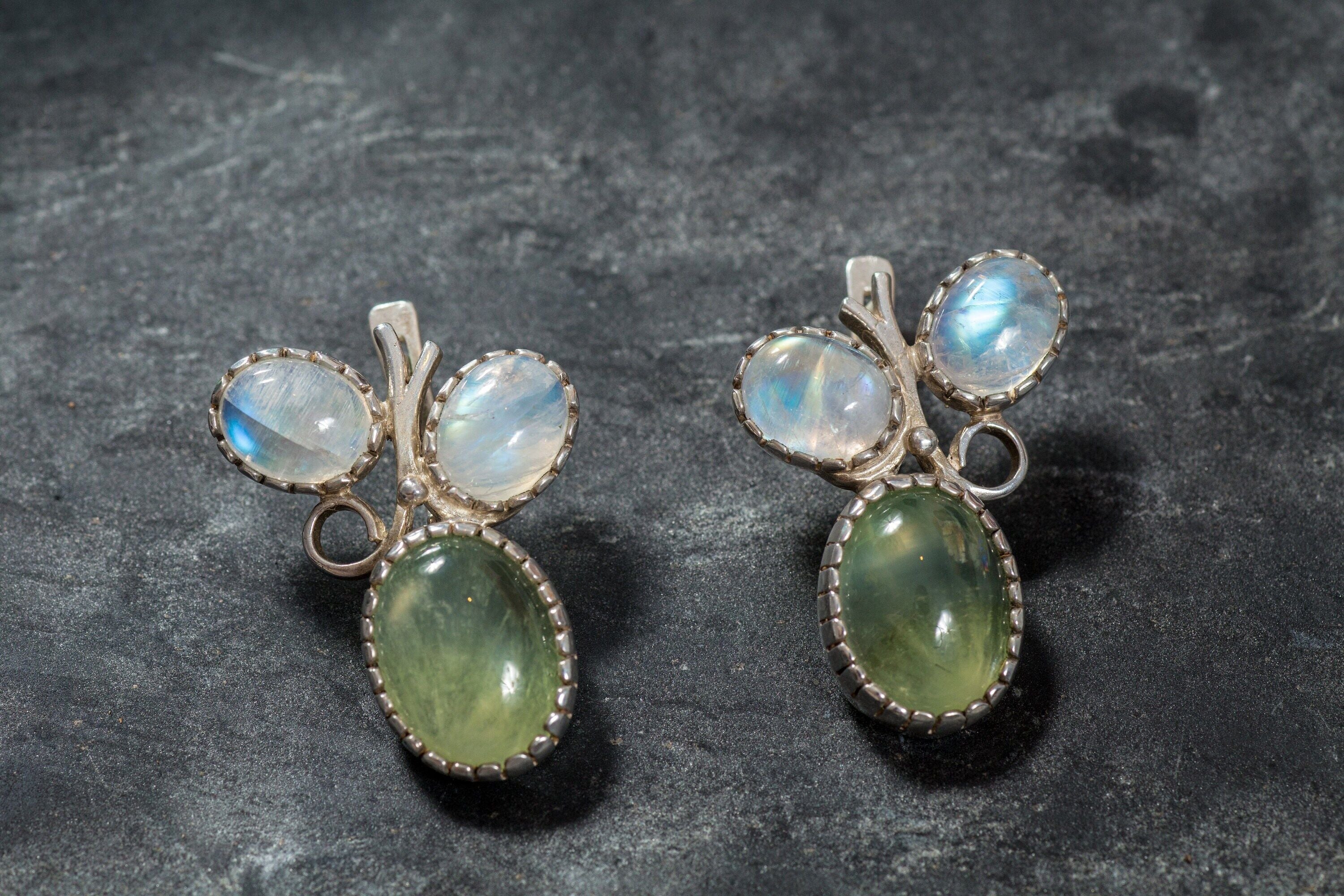 Prehnite Earrings, Vine Earrings, Natural Stones, Rainbow Moonstone, June Birthstone, Leaf Earrings, Healing Stones, May Birthstone, Silver