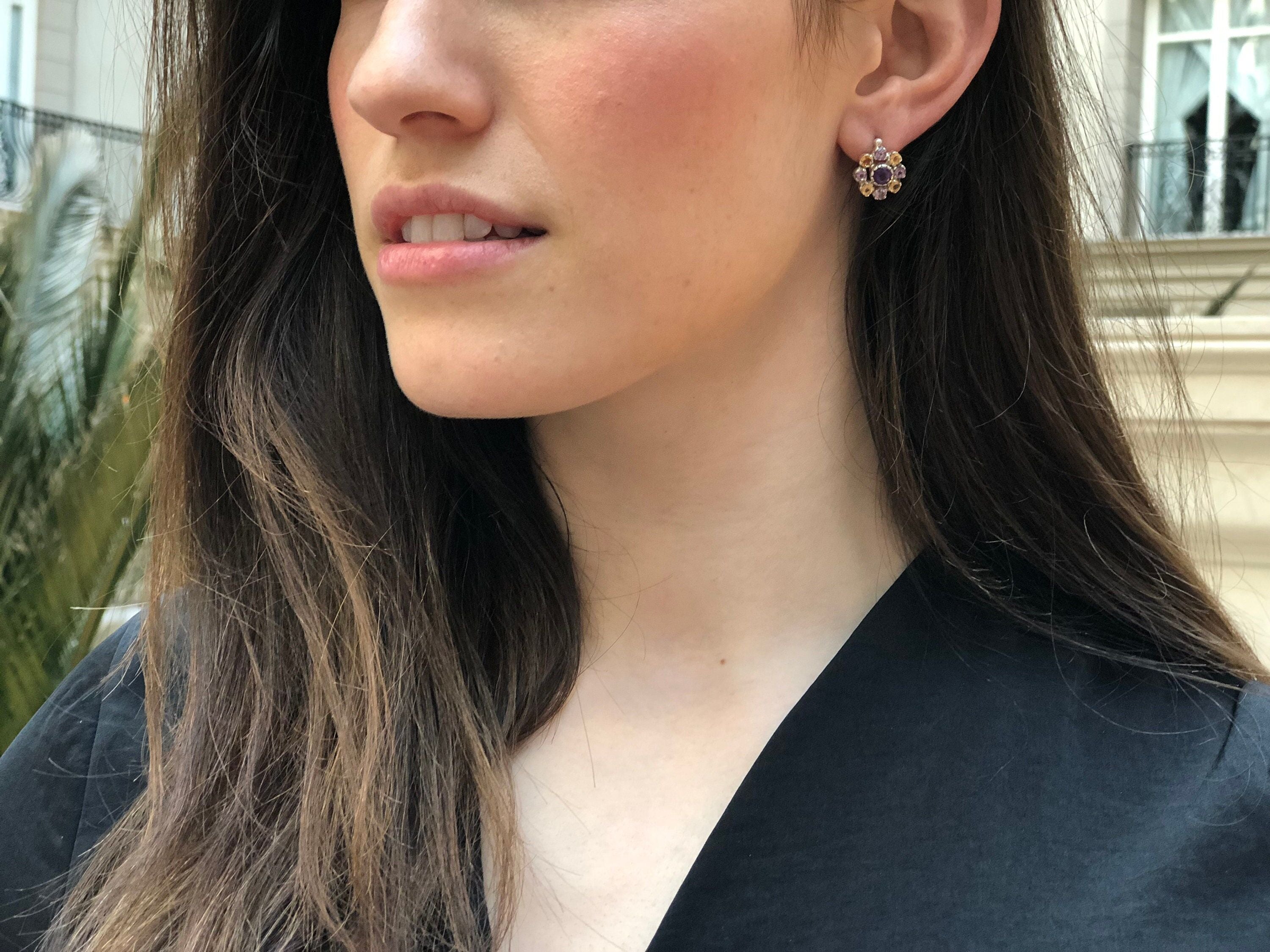 Flower Earrings, Amethyst Earrings, Citrine Earrings, Natural Amethyst, Vintage Earrings, February Birthstone, Silver Earrings, Amethyst