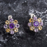 Purple Flower Earrings - Vintage Amethyst Earrings - Drop Citrine Earrings