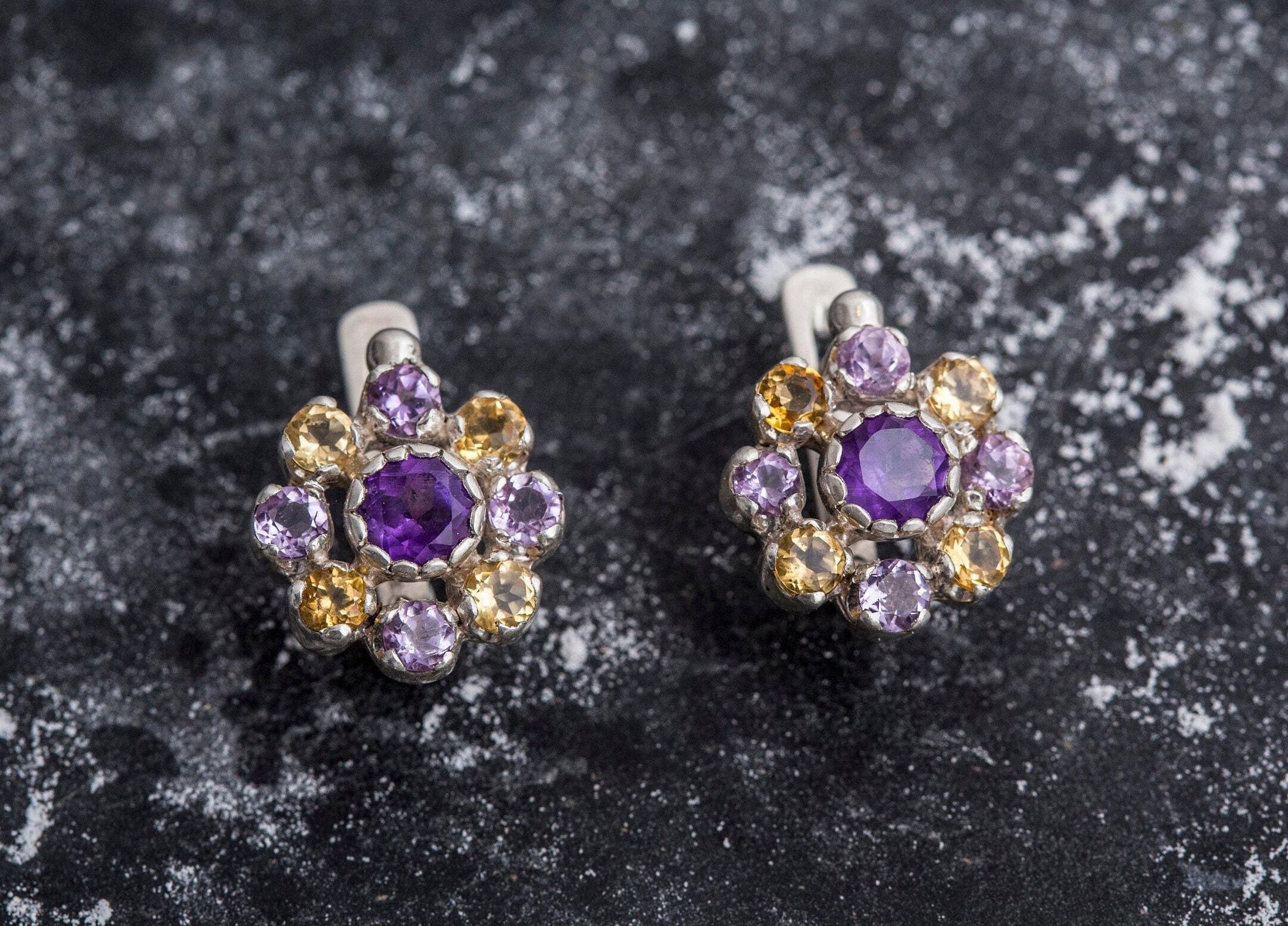 Flower Earrings, Amethyst Earrings, Citrine Earrings, Natural Amethyst, Vintage Earrings, February Birthstone, Silver Earrings, Amethyst