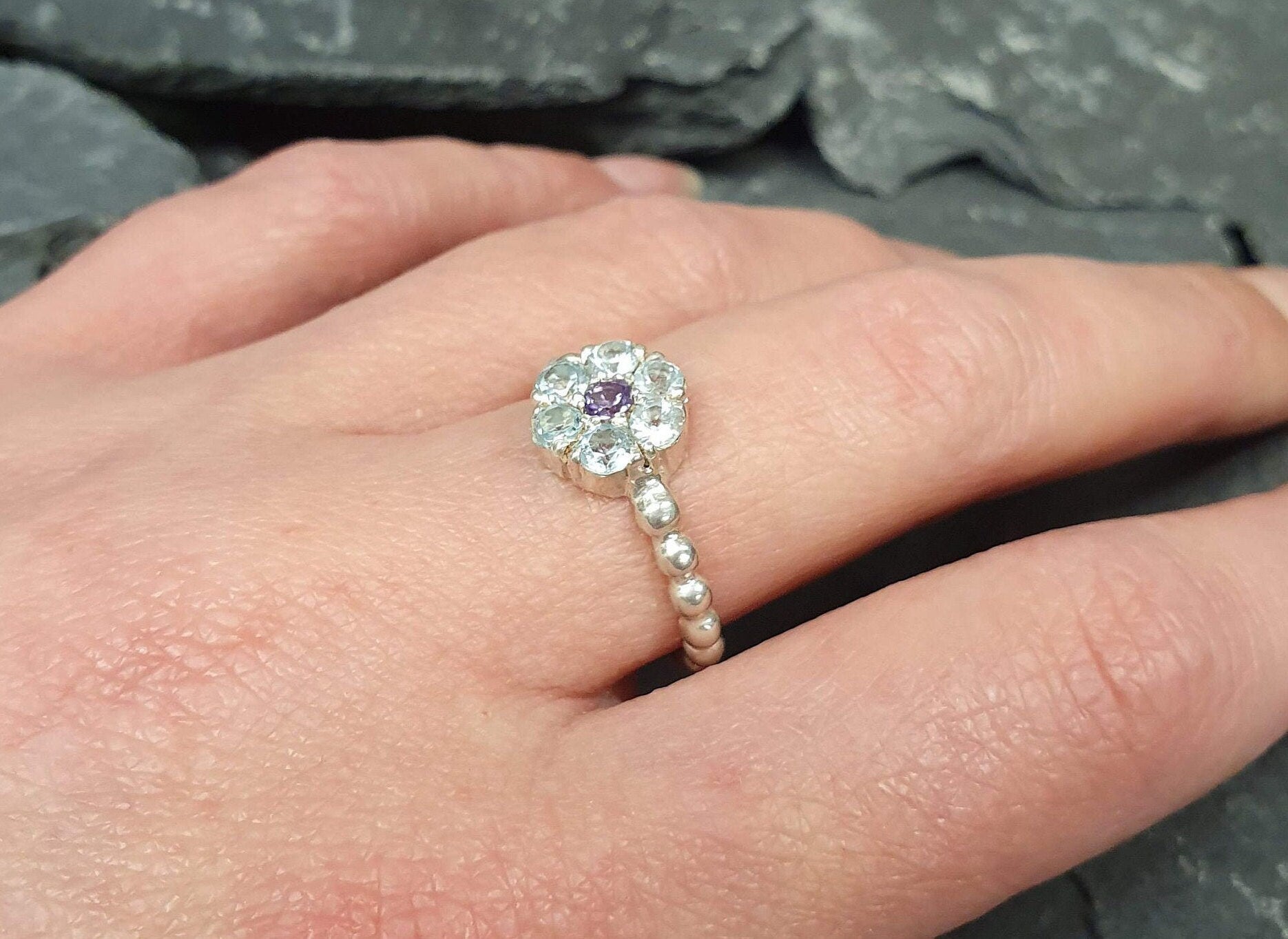 Blue Topaz Ring, Natural Blue Topaz, December Birthstone, Flower Ring, Vintage Flower Ring, Topaz Ring, Multistone Ring, Solid Silver Ring