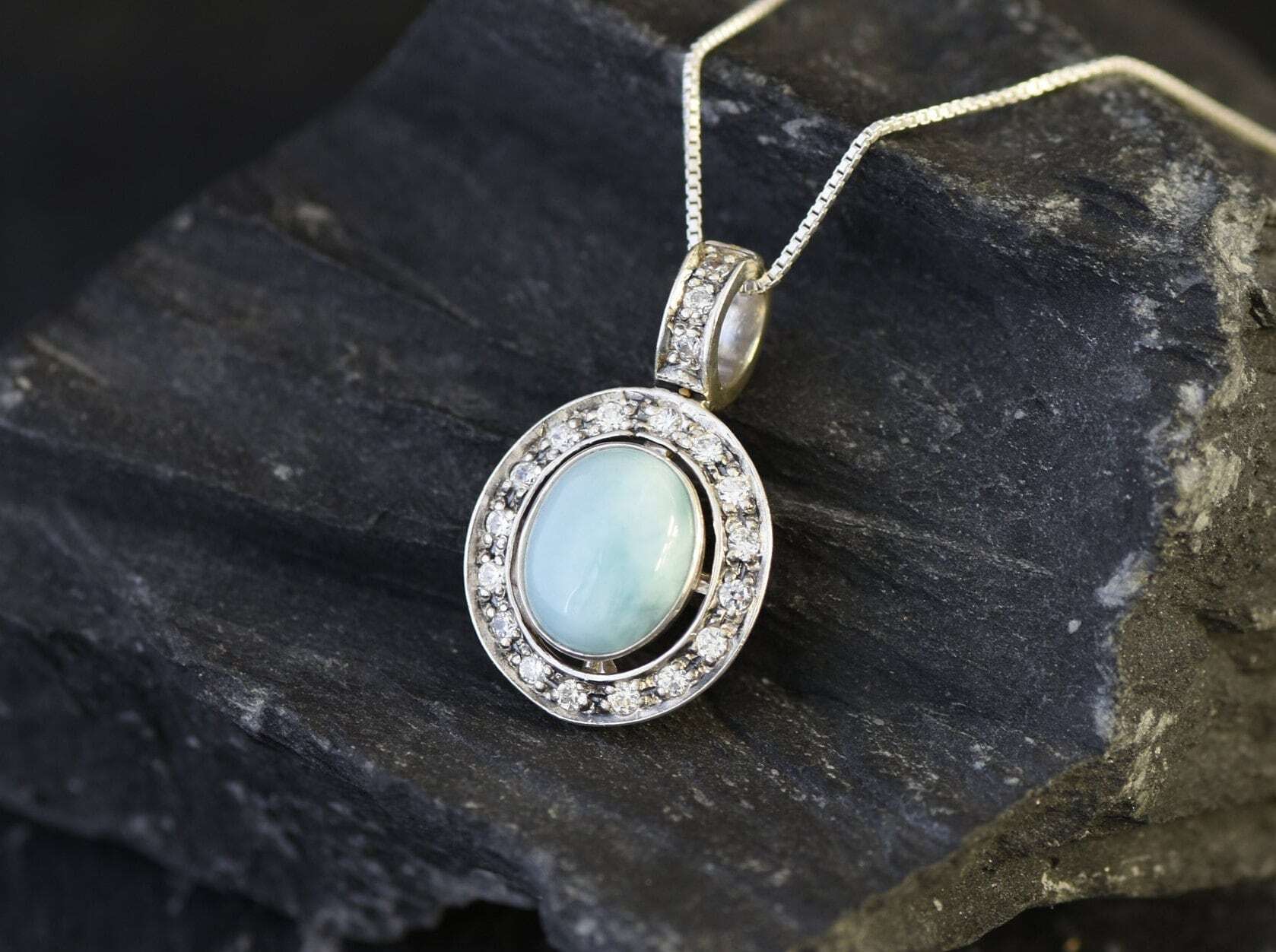 Larimar Pendant, Natural Larimar, Antique Necklace, Vintage Pendant, Sky Blue Pendant, Blue Oval Pendant, Vintage Necklace, Solid Silver