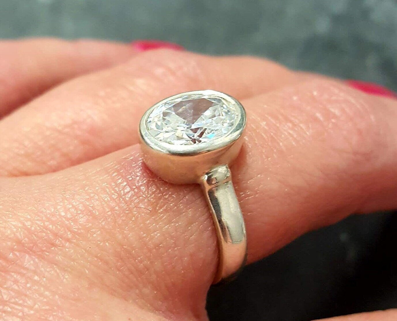 Diamond Ring, Created Diamond, Silver Solitaire Ring, White Vintage Ring, Oval Bezel Ring, Promise Ring, Clear Stone Ring, Silver Ring