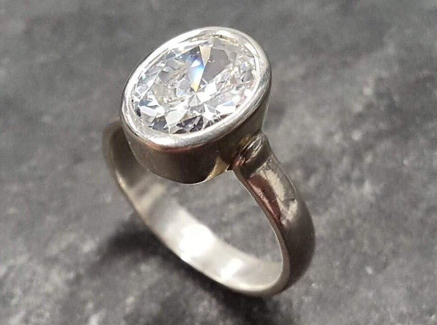 Diamond Ring, Created Diamond, Silver Solitaire Ring, White Vintage Ring, Oval Bezel Ring, Promise Ring, Clear Stone Ring, Silver Ring
