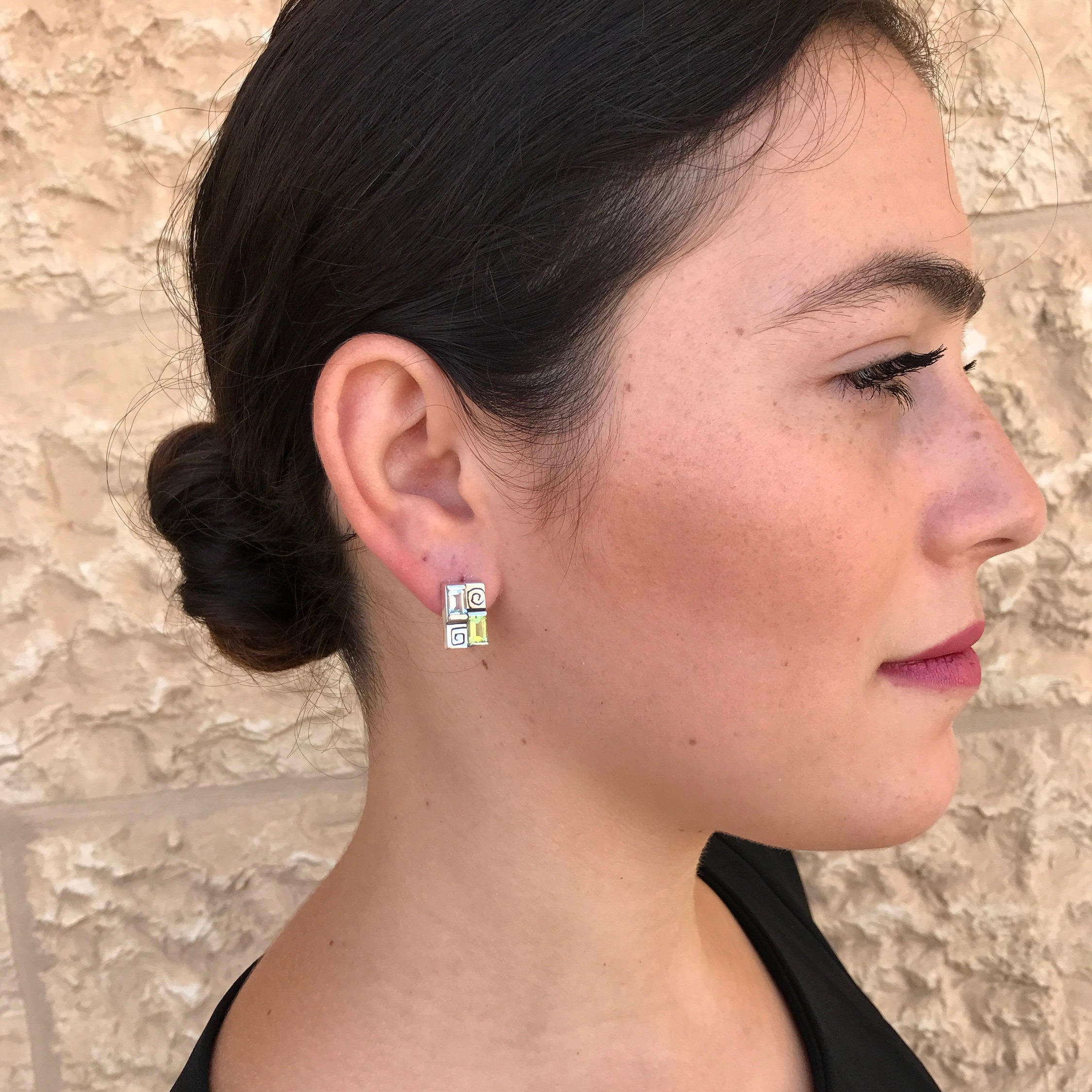 Square Earrings, Topaz Earrings, Birthstone Earrings, December Birthstone, August Birthstone, Blue Topaz, Natural Peridot, Artistic Earrings