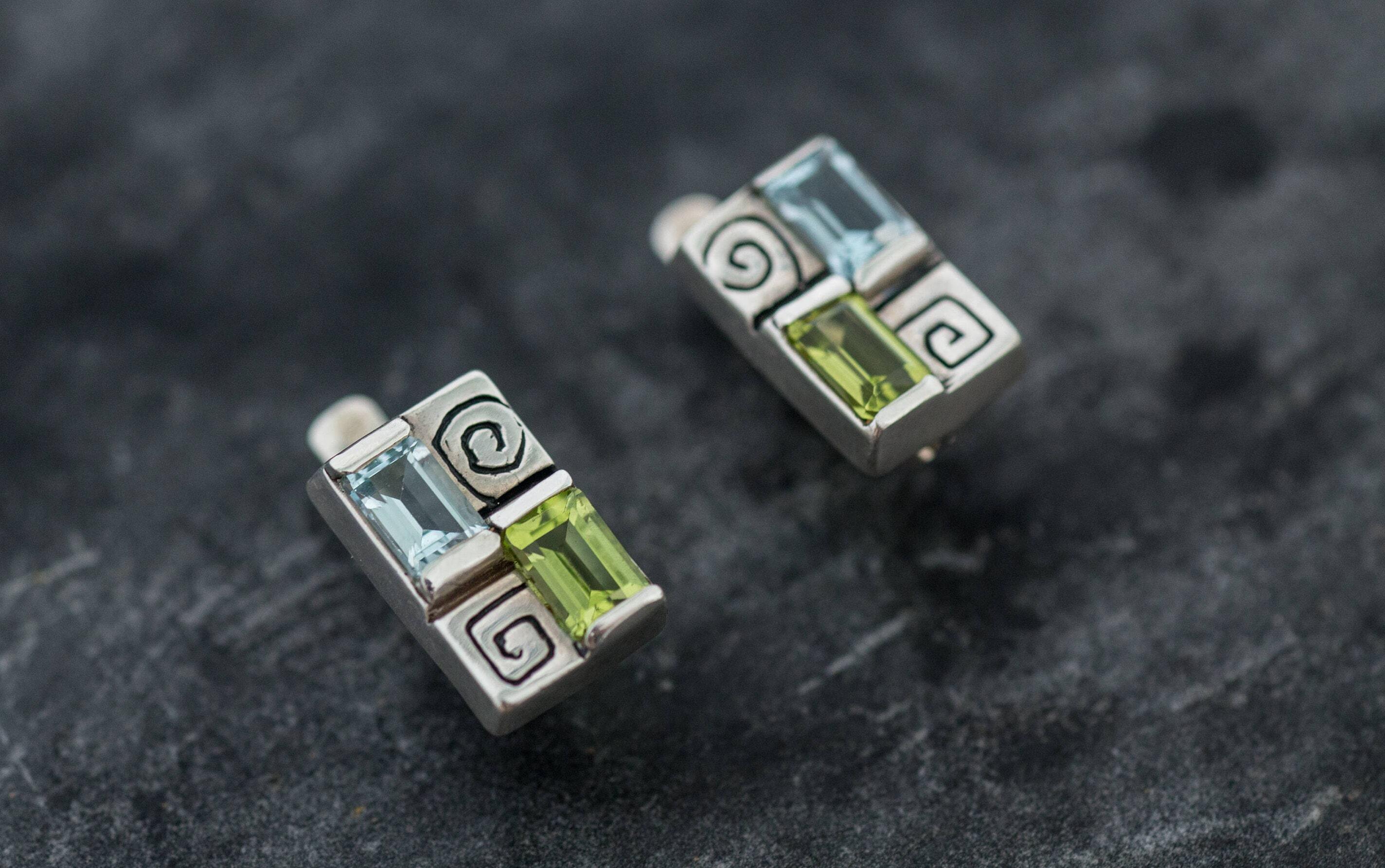 Square Earrings, Topaz Earrings, Birthstone Earrings, December Birthstone, August Birthstone, Blue Topaz, Natural Peridot, Artistic Earrings