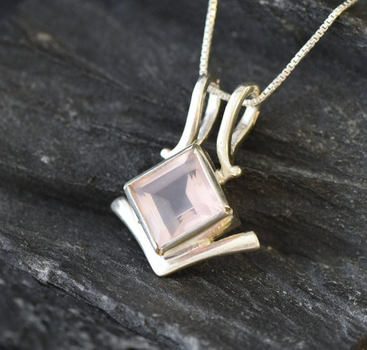 Rose Quartz Pendant, Square Pendant, Pink Pendant, Natural Rose Quartz, January Birthstone, January Necklace, January Pendant, 925 Pendant