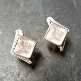 Pink Square Earrings - Natural Rose Quartz Earrings - Vintage Classic Earrings