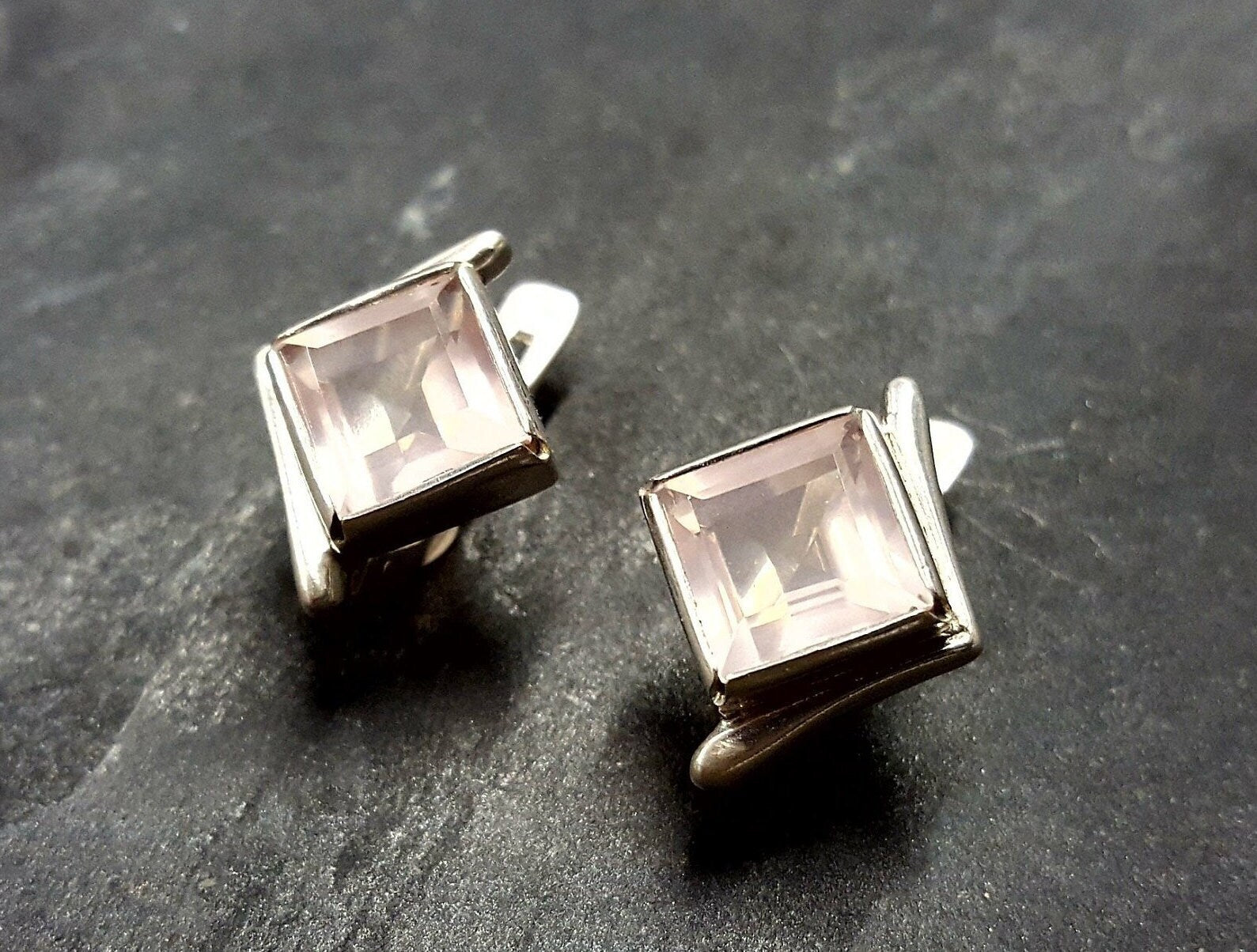 Rose Quartz Earrings, Natural Rose Quartz, Square Earrings, January Birthstone, Asymmetric Earrings, Pink Square Studs, 925 Silver Earrings