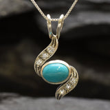 Turquoise Pendant - Blue Wave Necklace - Vintage Oval Necklace