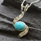 Turquoise Pendant - Blue Wave Necklace - Vintage Oval Necklace