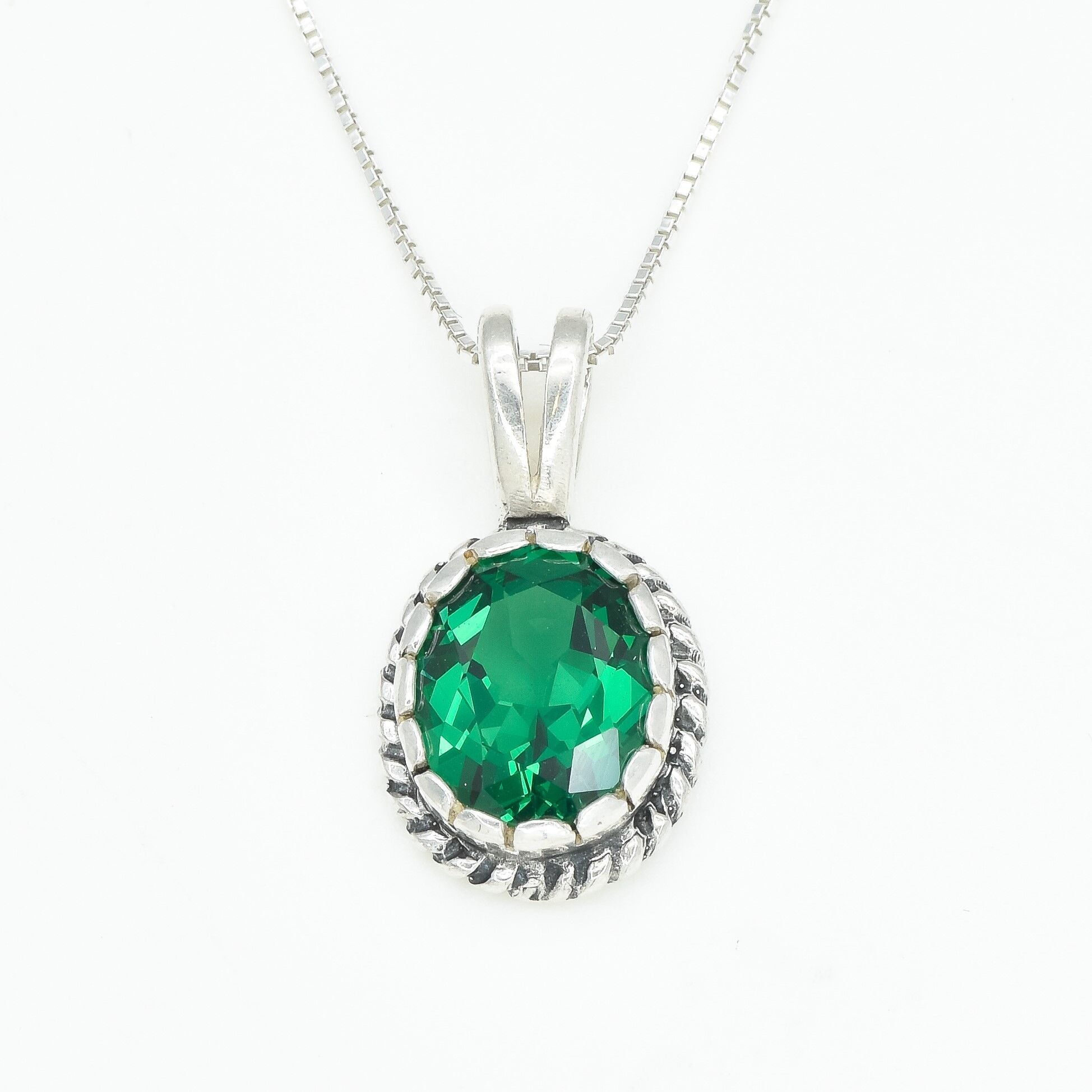 Created Emerald Pendant made in 925 Sterling Silver with Oval Created Green Emerald in Solitaire setting, May Birthstone gift idea, symbolizes, ideal for everyday wear and perfect for birthday gifting and special occasions.