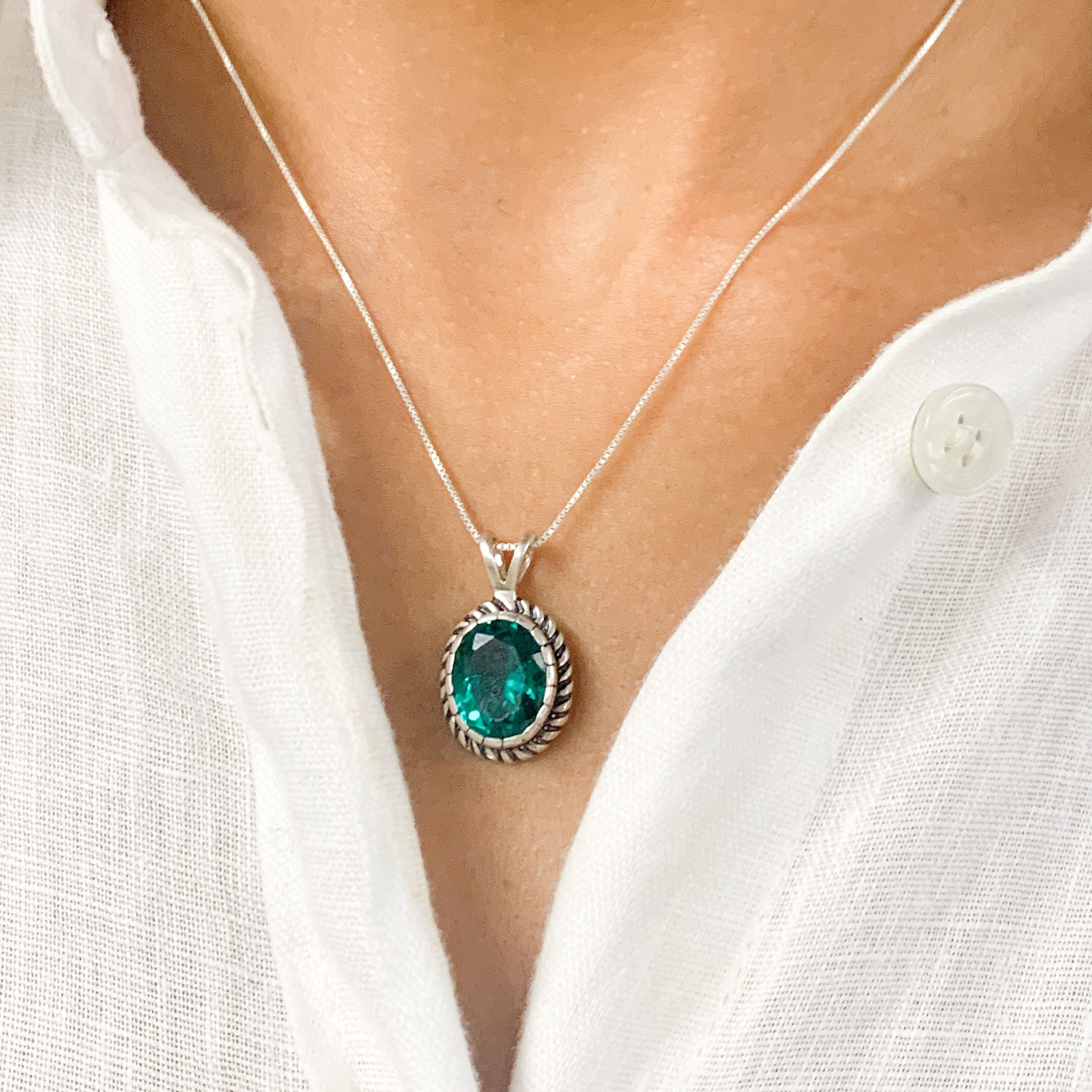 Elegant 925 Sterling Silver Emerald Pendant with Oval Green Emerald, perfect for May birthdays and special occasions.